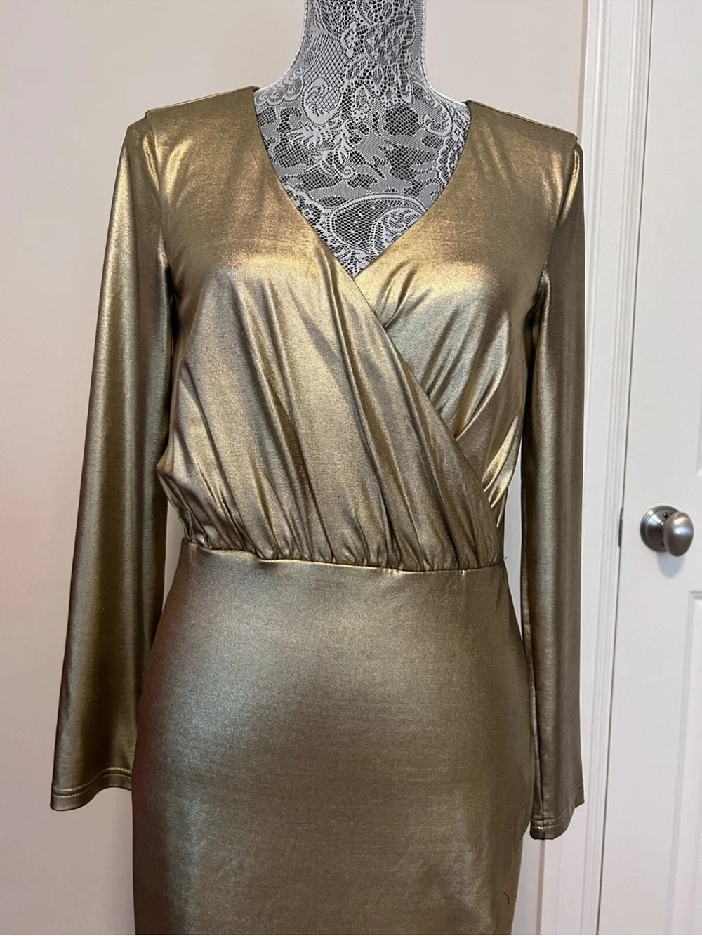 bebe Metallic Gold Wrap-Front Long Sleeve Midi Dress - Picture 6 of 9